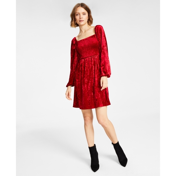 Bar III Dresses & Skirts - Bar Iii Dresses Womens Red Unlined Smocked Pullover Long Sleeve Dress